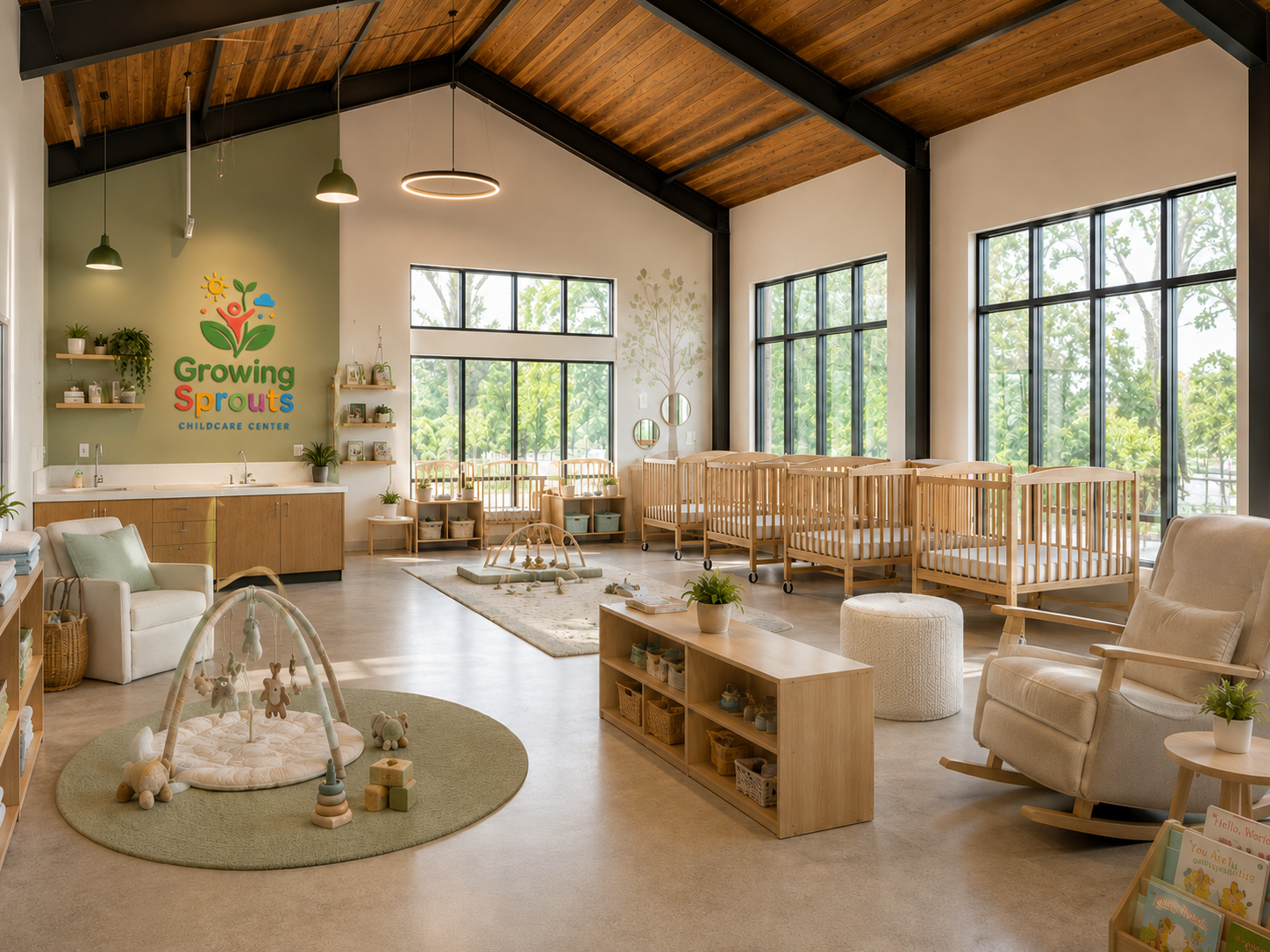 AI-assisted concept rendering of the Growing Sprouts infant room — not a photo of a finished room