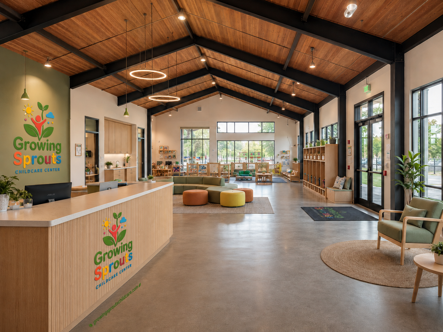 AI-assisted concept rendering of the Growing Sprouts reception and open common area — not a photo of a finished room